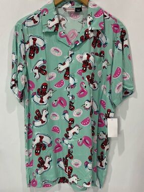 Marvel Mint Short-Sleeve Deadpool & Unicorn Print Button-Down Shirt